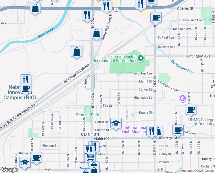 map of restaurants, bars, coffee shops, grocery stores, and more near 2918 Merrill Street in Lincoln