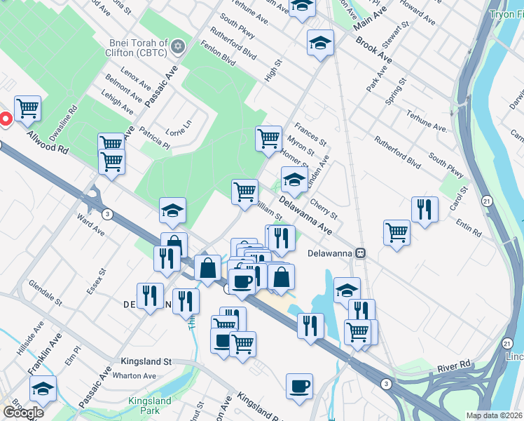 map of restaurants, bars, coffee shops, grocery stores, and more near 369 Delawanna Avenue in Clifton