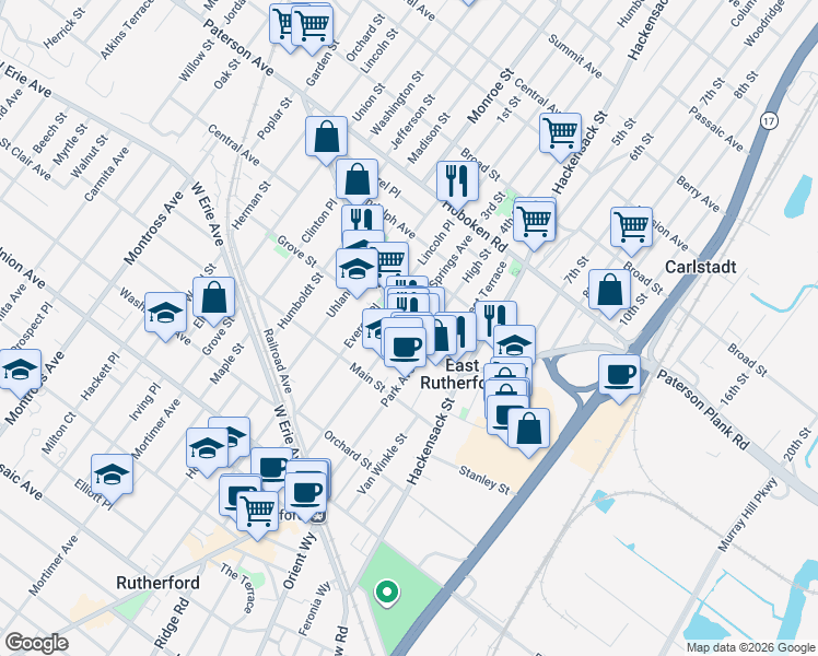 map of restaurants, bars, coffee shops, grocery stores, and more near 83 Boiling Springs Avenue in East Rutherford