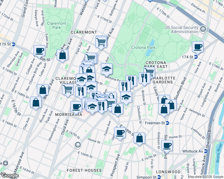 map of restaurants, bars, coffee shops, grocery stores, and more near 638 Crotona Park South in Bronx