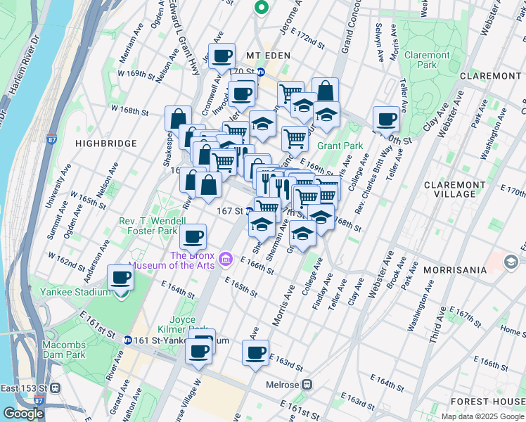 map of restaurants, bars, coffee shops, grocery stores, and more near 188 East 167th Street in The Bronx