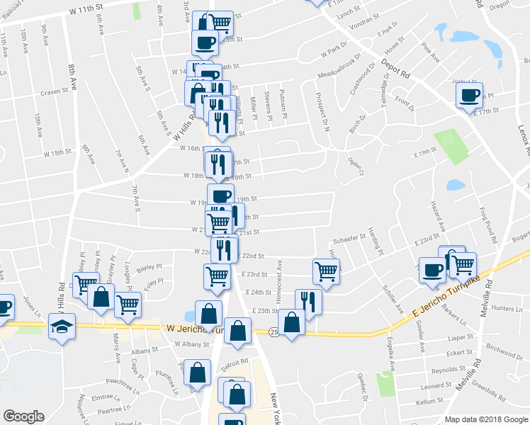 map of restaurants, bars, coffee shops, grocery stores, and more near 31 East 20th Street in Huntington Station