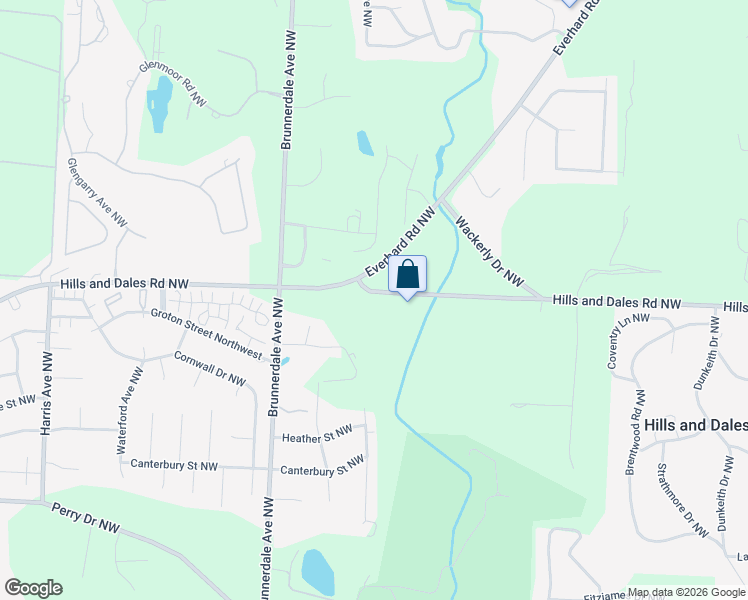 map of restaurants, bars, coffee shops, grocery stores, and more near 5804 Hills and Dales Road Northwest in Canton