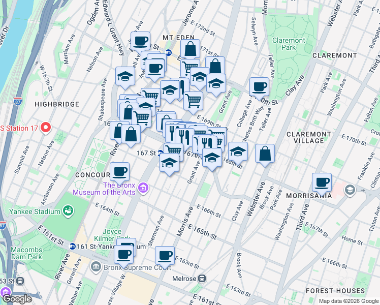map of restaurants, bars, coffee shops, grocery stores, and more near in The Bronx