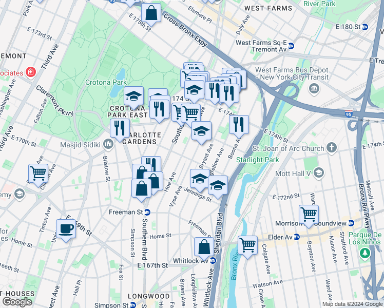 map of restaurants, bars, coffee shops, grocery stores, and more near 1531 Vyse Avenue in Bronx