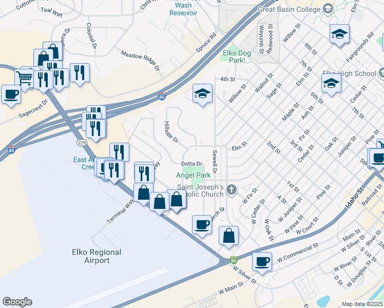 map of restaurants, bars, coffee shops, grocery stores, and more near 812 Hillside Drive in Elko