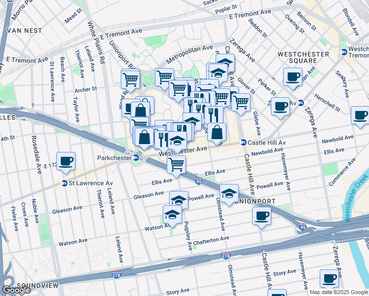 map of restaurants, bars, coffee shops, grocery stores, and more near 2037 Westchester Avenue in Bronx