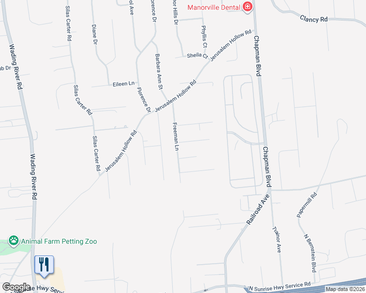 map of restaurants, bars, coffee shops, grocery stores, and more near 95 Freeman Lane in Manorville