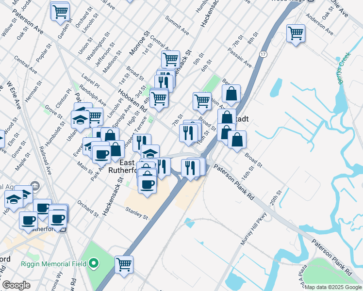 map of restaurants, bars, coffee shops, grocery stores, and more near 92 Hoboken Road in East Rutherford