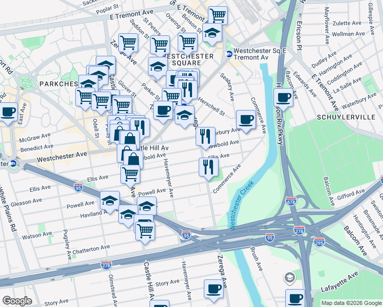 map of restaurants, bars, coffee shops, grocery stores, and more near 2352 Waterbury Avenue in Bronx