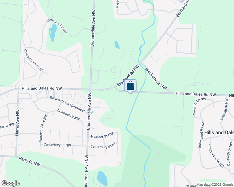 map of restaurants, bars, coffee shops, grocery stores, and more near 5804 Hills and Dales Road Northwest in Canton