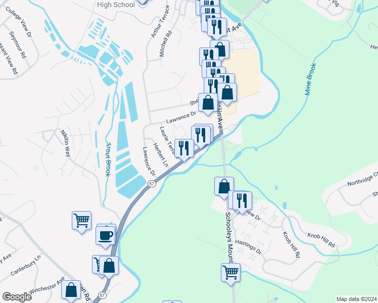 map of restaurants, bars, coffee shops, grocery stores, and more near 105 Jane Drive in Hackettstown
