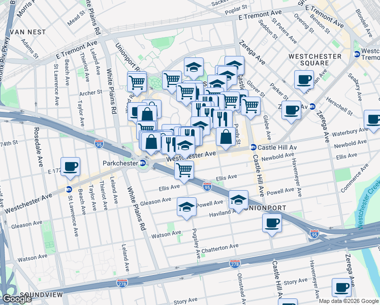 map of restaurants, bars, coffee shops, grocery stores, and more near 2019 Westchester Avenue in Bronx