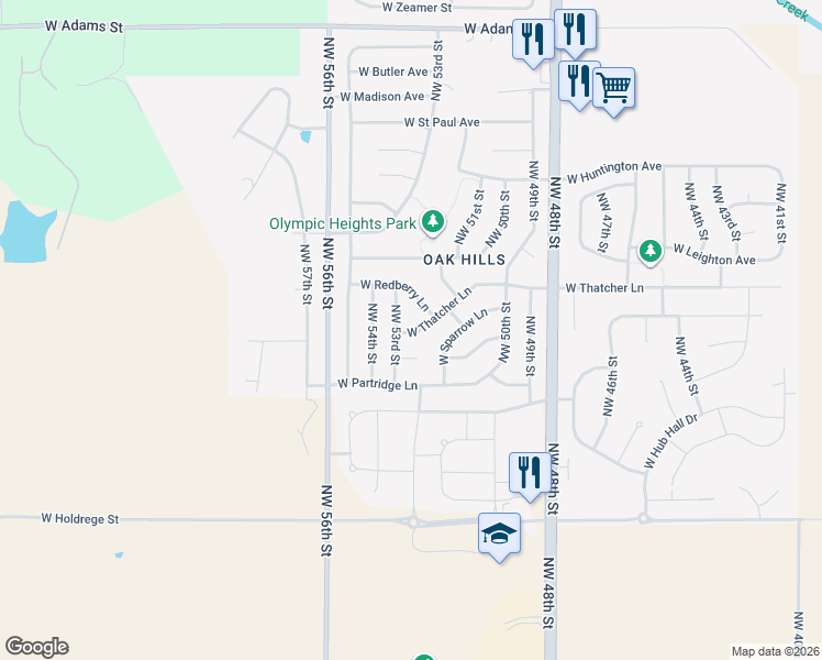 map of restaurants, bars, coffee shops, grocery stores, and more near 2120 Northwest 53rd Street in Lincoln
