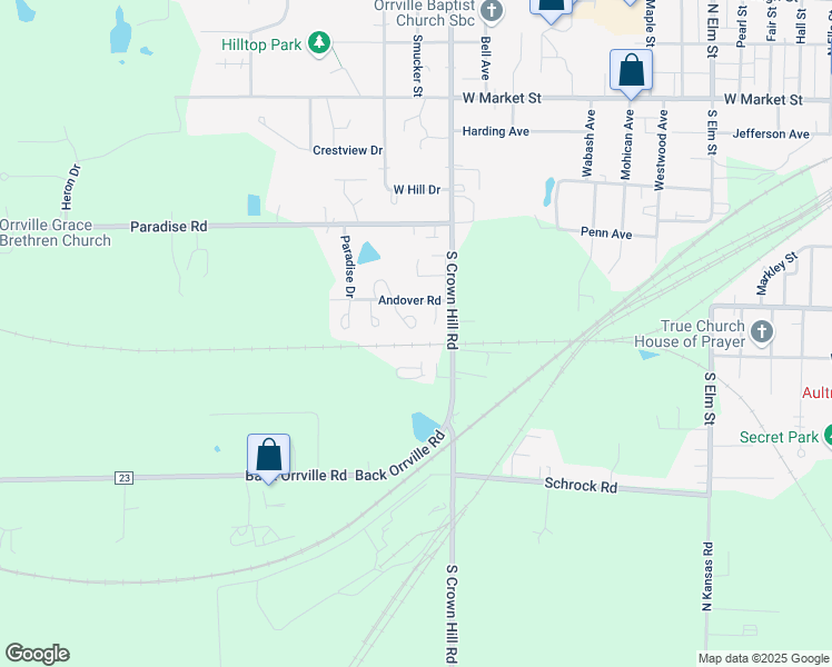 map of restaurants, bars, coffee shops, grocery stores, and more near 408 Danvers Court in Orrville