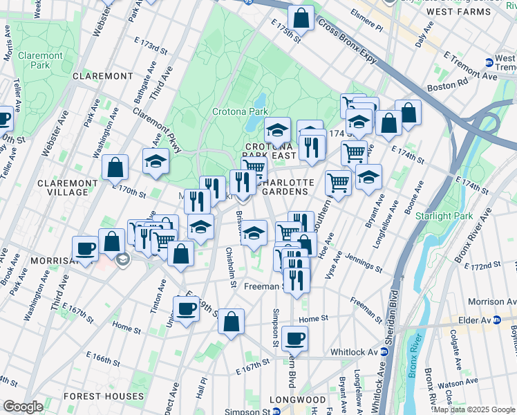 map of restaurants, bars, coffee shops, grocery stores, and more near 1494 Boston Road in Bronx