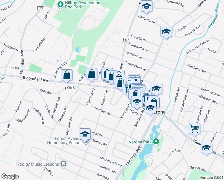 map of restaurants, bars, coffee shops, grocery stores, and more near 25 Pine Street in Verona