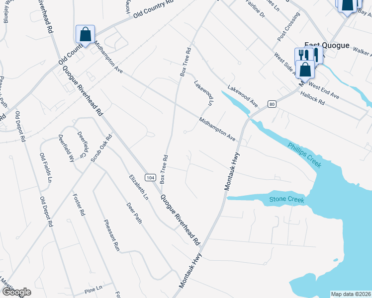 map of restaurants, bars, coffee shops, grocery stores, and more near 18 Woodland Lane in Quogue
