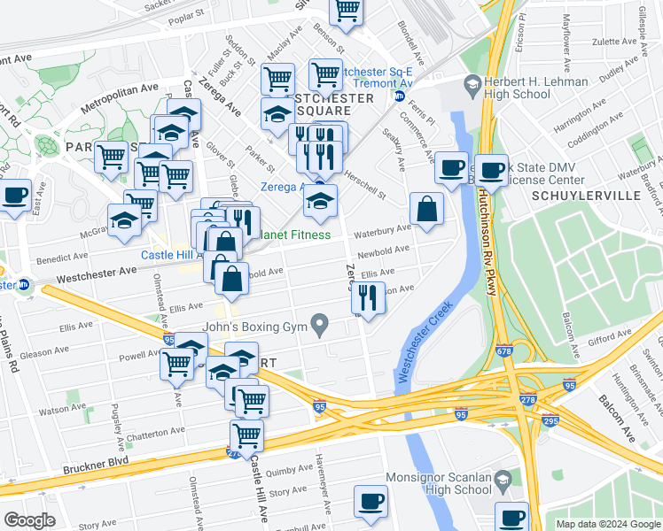 map of restaurants, bars, coffee shops, grocery stores, and more near 2352 Waterbury Avenue in Bronx