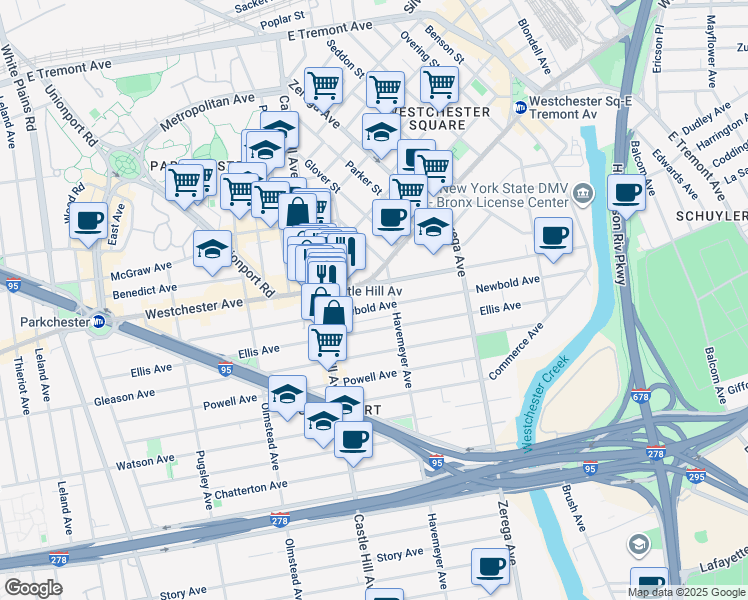 map of restaurants, bars, coffee shops, grocery stores, and more near 211 Waterbury Avenue in The Bronx