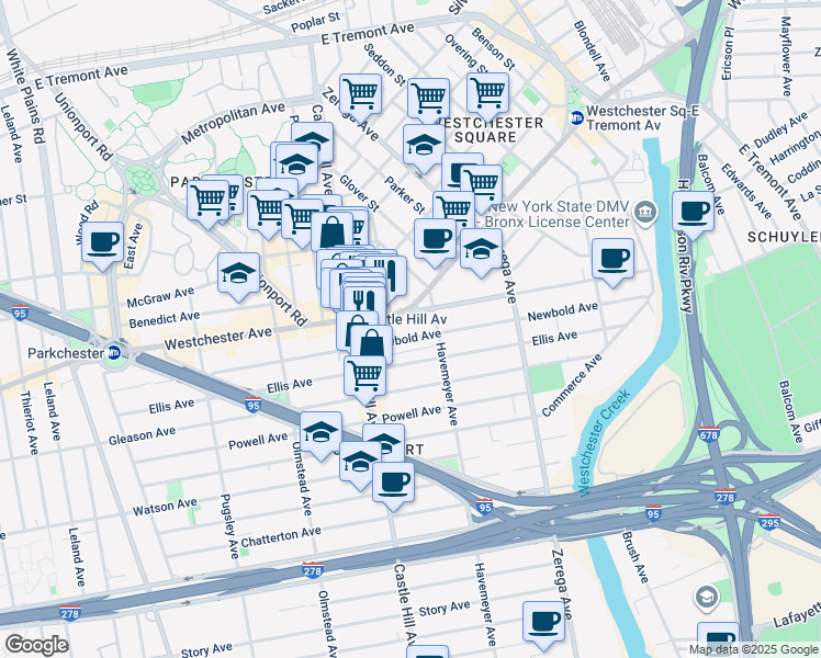 map of restaurants, bars, coffee shops, grocery stores, and more near 211 Waterbury Avenue in The Bronx