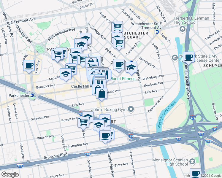 map of restaurants, bars, coffee shops, grocery stores, and more near 211 Waterbury Avenue in The Bronx