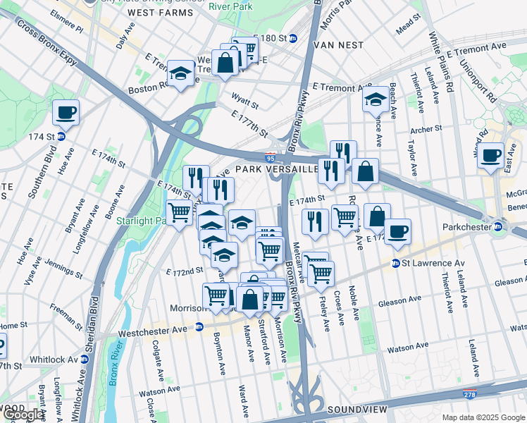 map of restaurants, bars, coffee shops, grocery stores, and more near 1635 East 174th Street in Bronx