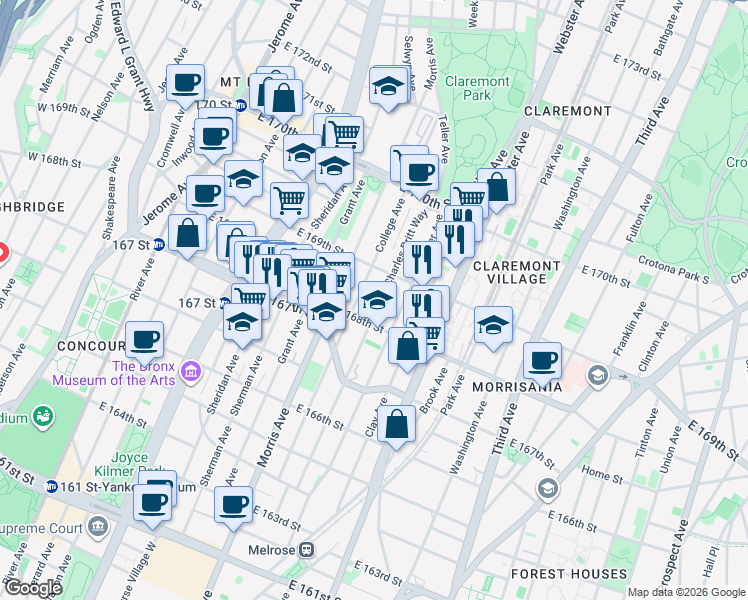map of restaurants, bars, coffee shops, grocery stores, and more near in The Bronx