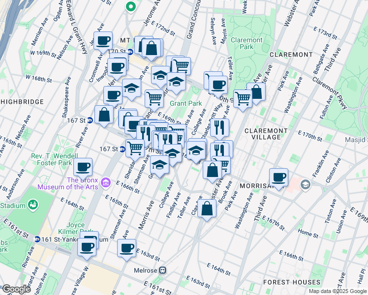 map of restaurants, bars, coffee shops, grocery stores, and more near 1265 College Avenue in Bronx