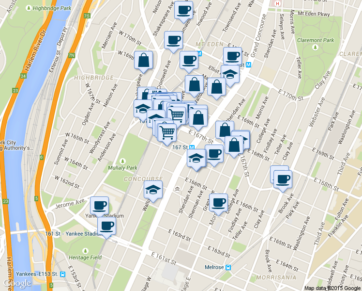 map of restaurants, bars, coffee shops, grocery stores, and more near 1181 Walton Avenue in Bronx