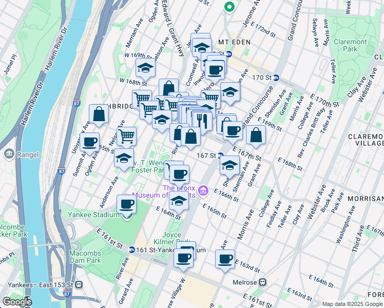 map of restaurants, bars, coffee shops, grocery stores, and more near 1166 River Avenue in The Bronx