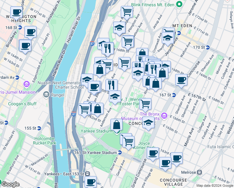 map of restaurants, bars, coffee shops, grocery stores, and more near in The Bronx