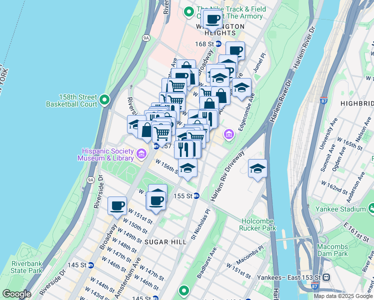 map of restaurants, bars, coffee shops, grocery stores, and more near 528 West 159th Street in New York
