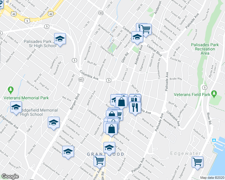 map of restaurants, bars, coffee shops, grocery stores, and more near 1007 Glen Road in Fort Lee