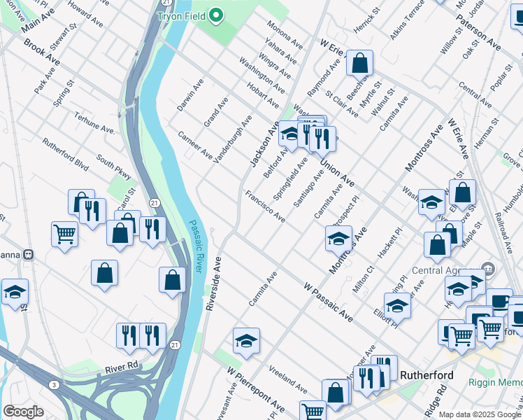 map of restaurants, bars, coffee shops, grocery stores, and more near 200 Springfield Avenue in Rutherford