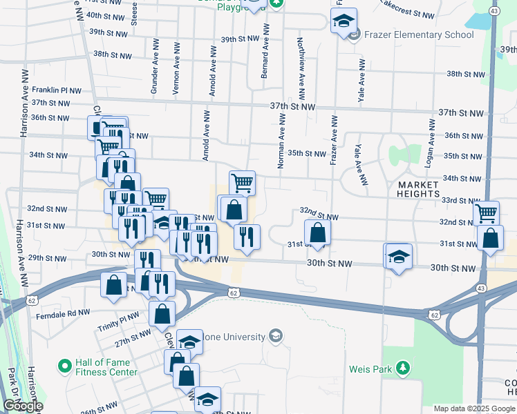 map of restaurants, bars, coffee shops, grocery stores, and more near 820 34th Street Northwest in Canton