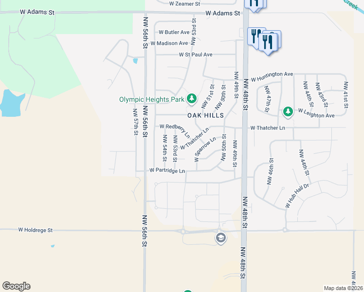 map of restaurants, bars, coffee shops, grocery stores, and more near 2120 Northwest 53rd Street in Lincoln