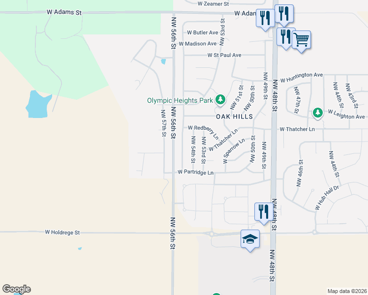 map of restaurants, bars, coffee shops, grocery stores, and more near 2126 Northwest 55th Street in Lincoln