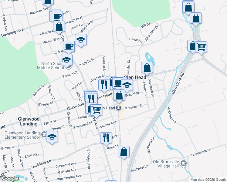 map of restaurants, bars, coffee shops, grocery stores, and more near 9 Dumond Place in Glen Head