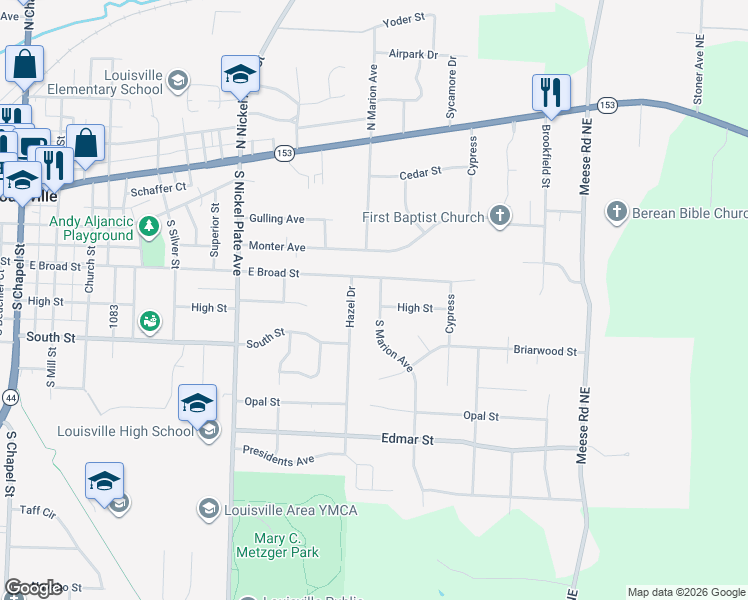 map of restaurants, bars, coffee shops, grocery stores, and more near 1620 East Broad Street in Louisville