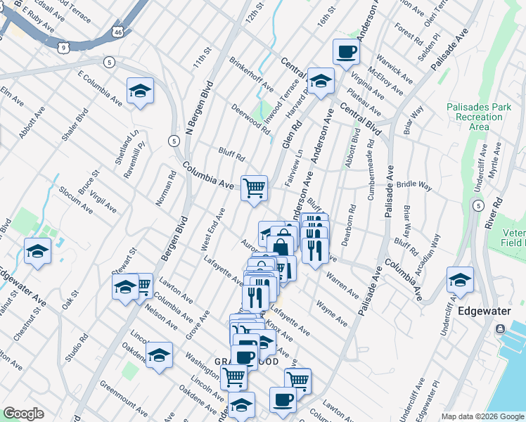 map of restaurants, bars, coffee shops, grocery stores, and more near 1007 Glen Road in Fort Lee