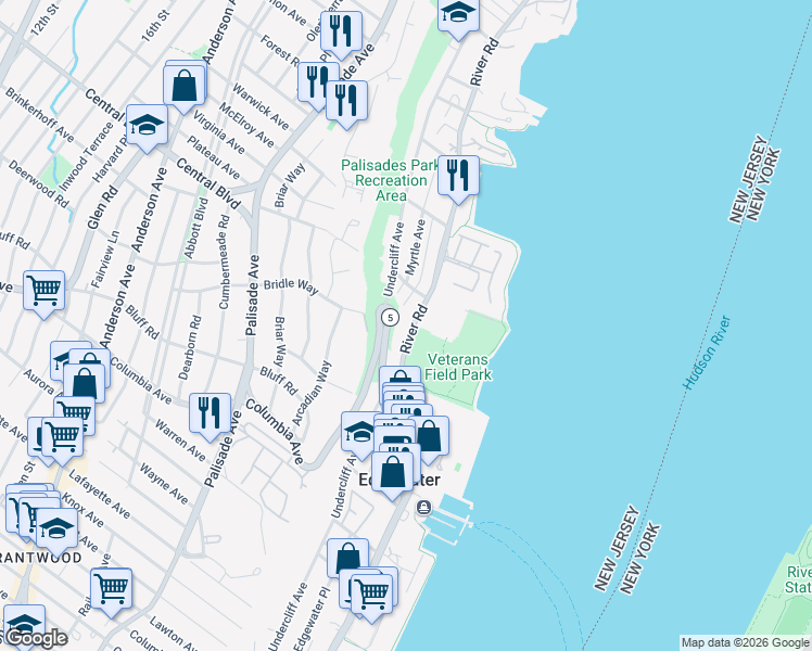 map of restaurants, bars, coffee shops, grocery stores, and more near 15 Rockwood Place in Edgewater