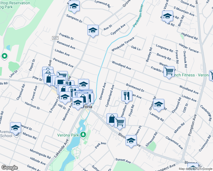 map of restaurants, bars, coffee shops, grocery stores, and more near 64 Derwent Avenue in Verona
