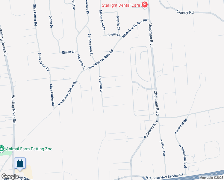 map of restaurants, bars, coffee shops, grocery stores, and more near 87 Freeman Lane in Manorville