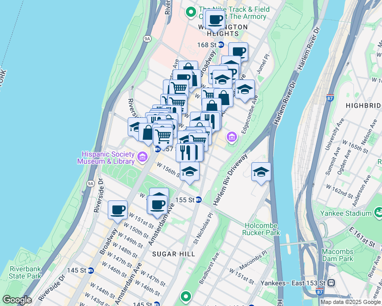map of restaurants, bars, coffee shops, grocery stores, and more near 505 West 158th Street in New York