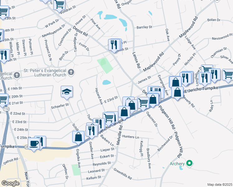 map of restaurants, bars, coffee shops, grocery stores, and more near 33 Frog Pond Road in Huntington Station
