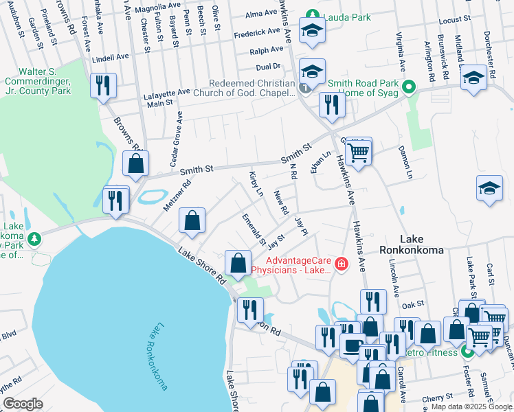 map of restaurants, bars, coffee shops, grocery stores, and more near 27 Kirby Lane in Ronkonkoma