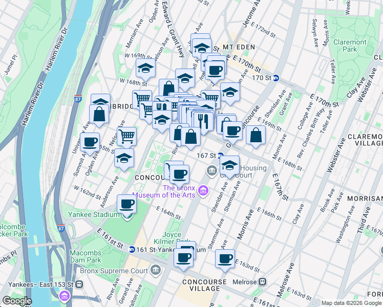 map of restaurants, bars, coffee shops, grocery stores, and more near 1166 River Avenue in The Bronx
