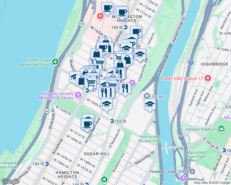 map of restaurants, bars, coffee shops, grocery stores, and more near 498 West 159th Street in New York