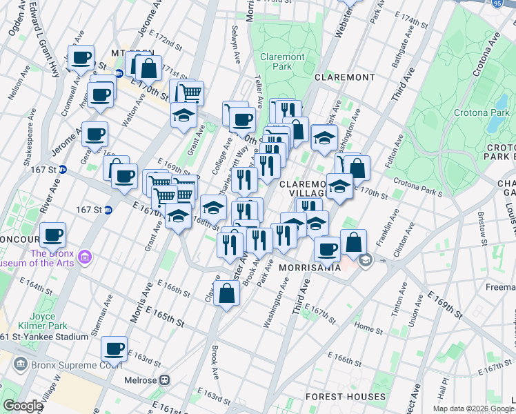 map of restaurants, bars, coffee shops, grocery stores, and more near in The Bronx